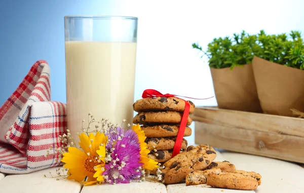 Glas mjölk, choklad chip cookies med rött band och blommor på träbord på blå bakgrund — Stockfoto