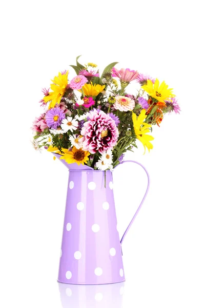 Beautiful bouquet of bright flowers in watering can isolated on white — Stock Photo, Image