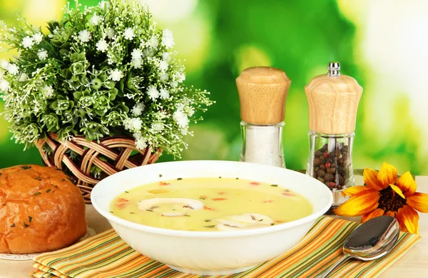 Fragrant soup in white plate on table on natural background close-up — Stock Photo, Image