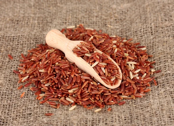 Arroz vermelho no saque em colher de madeira — Fotografia de Stock