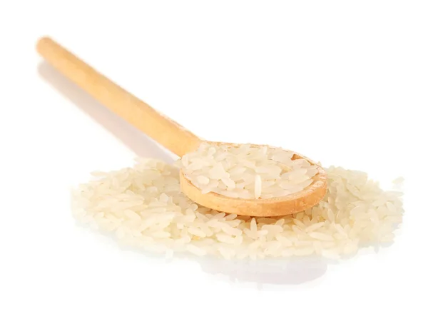 Rice in wooden spoon isolated on white background — Stock Photo, Image