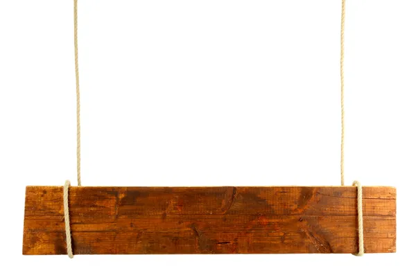 Lege houten teken opknoping op touw, geïsoleerd op wit — Stockfoto