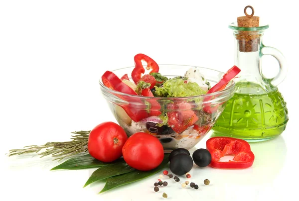 Fresh greek salad in glass bowl isolated on white — Stock Photo, Image