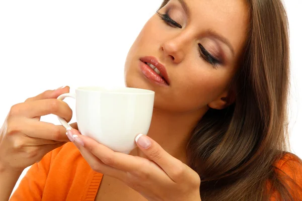 Beautiful young woman with cup of coffee, isolated on white — Stock Photo, Image