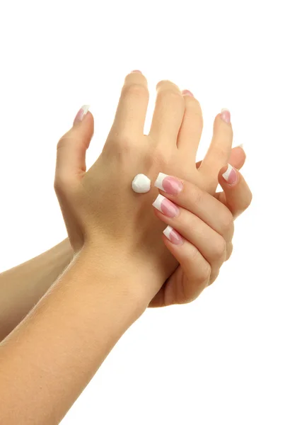 Bella donna mani con crema, isolato su bianco — Foto Stock