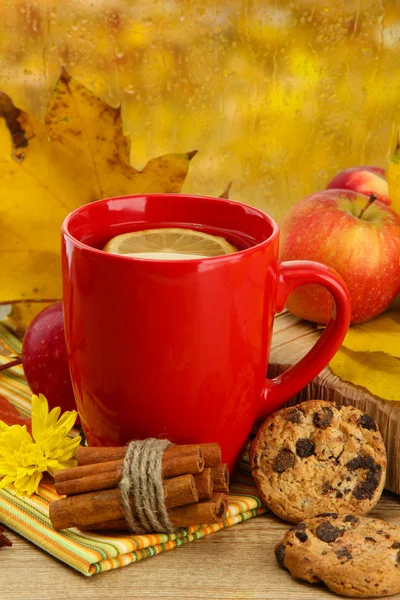Чашка горячего чая и осенние листья, на фоне дождя — стоковое фото