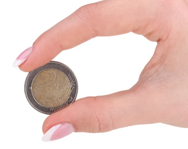 Mano de mujer con moneda de euro, aislada en blanco — Foto de Stock