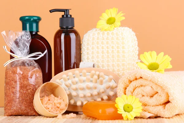 Set for care of a body on peach background — Stock Photo, Image