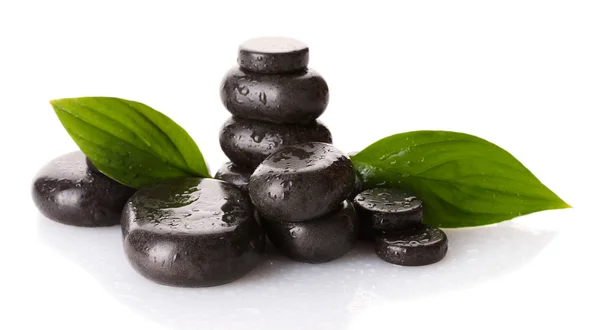Wellness-Steine mit Tropfen und grünen Blättern isoliert auf weiß — Stockfoto
