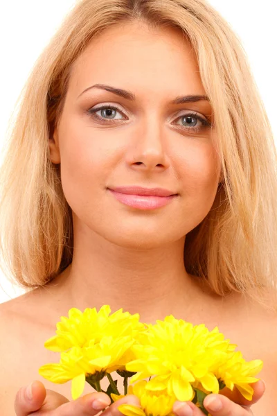 Beautiful young woman with yellow chrysanthemums on white background close-up — Stock Photo, Image