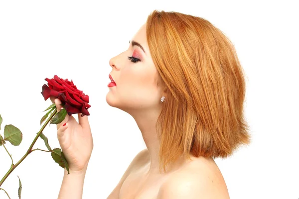 Retrato de mujer joven sexy con rosa roja — Stockfoto