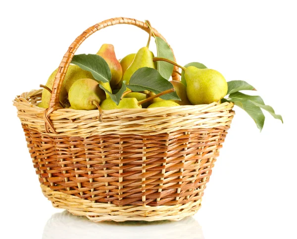 Juicy flavorful pears in basket isolated on white — Stock Photo, Image