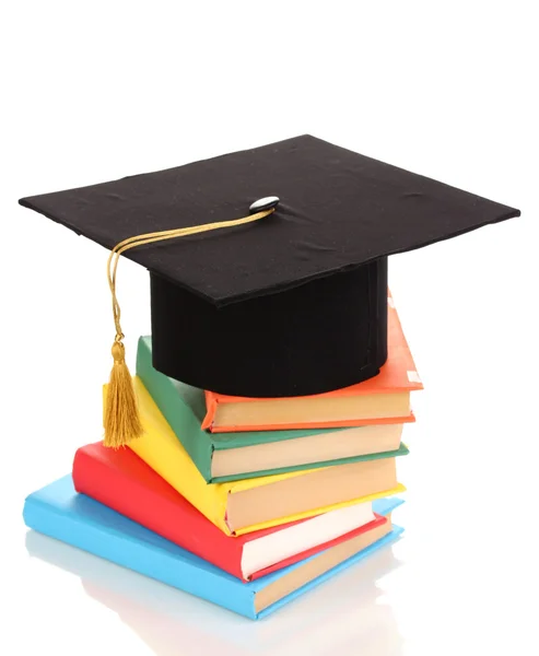 Grad hat with books isolated on white — Stock Photo, Image