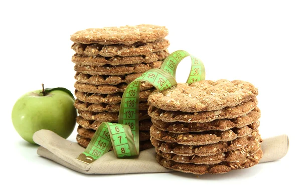 Lezzetli crispbread, elma ve üzerinde beyaz izole ölçüm bandı — Stok fotoğraf