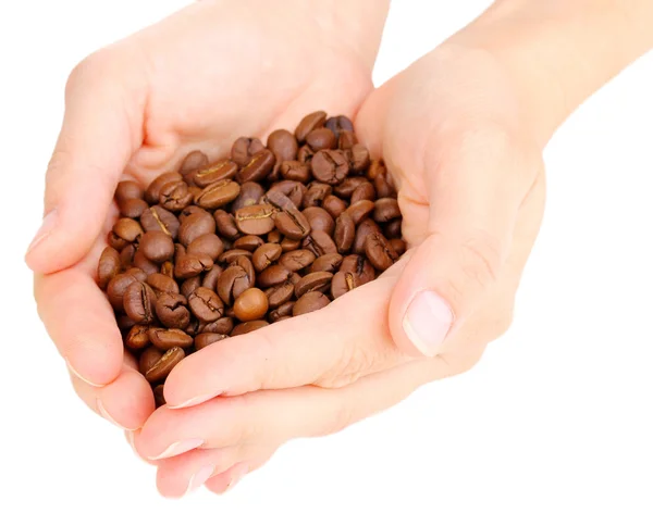 Kaffeebohnen in den Händen isoliert auf weiß — Stockfoto