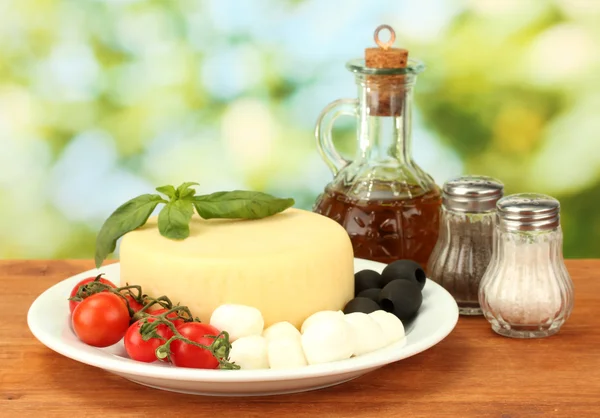 Cheese mozzarella with vegetables in the plate on wooden table close-up — Stock Photo, Image