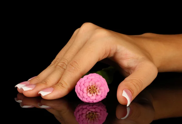 Różowy kwiat ręką kobiety na czarnym tle — Zdjęcie stockowe
