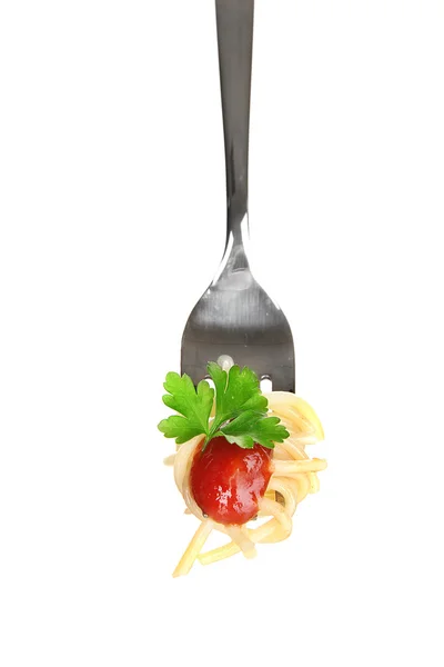 सफेद पृष्ठभूमि पर फोर्क क्लोज-अप पर स्वादिष्ट स्पैगेटी — स्टॉक फ़ोटो, इमेज