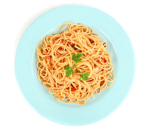 Italské špagety v izolovaných na bílém plechu — Stock fotografie