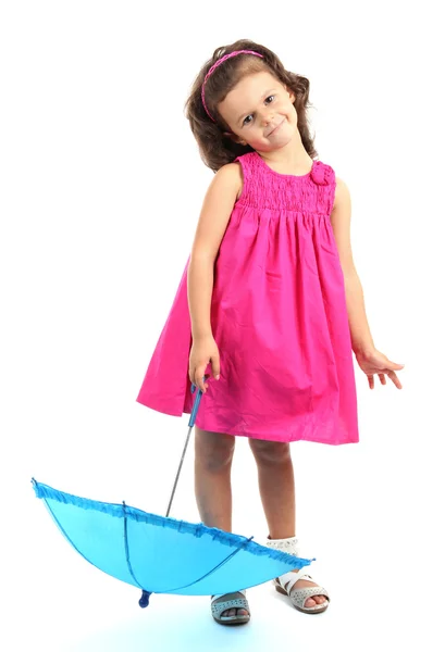 Beautiful little girl with umbrella isolated on white — Stock Photo, Image