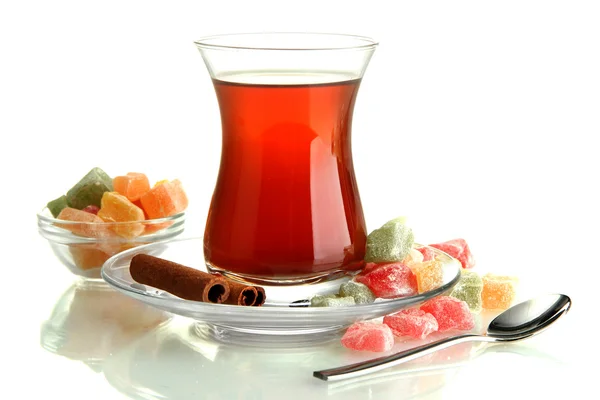 Glass of Turkish tea and rahat Delight, isolated on white — Stock Photo, Image