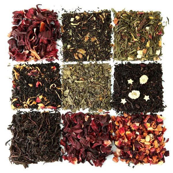 Assortment of dry tea, isolated on white — Stock Photo, Image