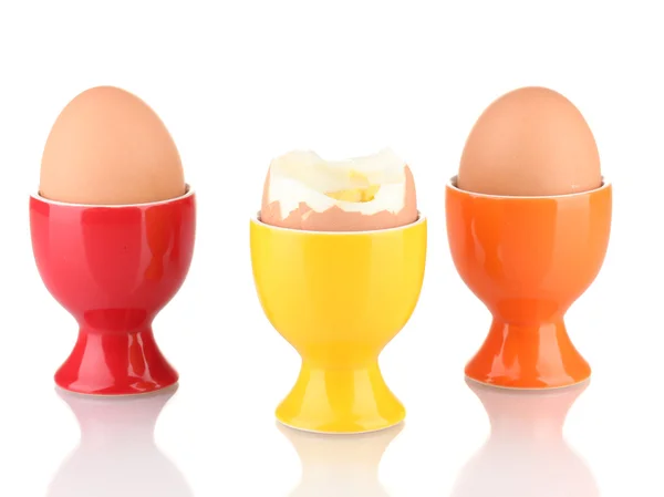 Boiled egg in egg cup isolated on white — Stock Photo, Image