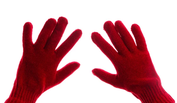 Žena pletené rukavice na rukou, izolované na bílém — Stock fotografie