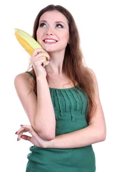Beautiful woman with maize isolated on white — Stock Photo, Image