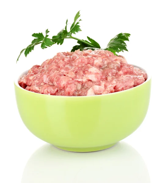 Bowl of raw ground meat isolated on white — Stock Photo, Image