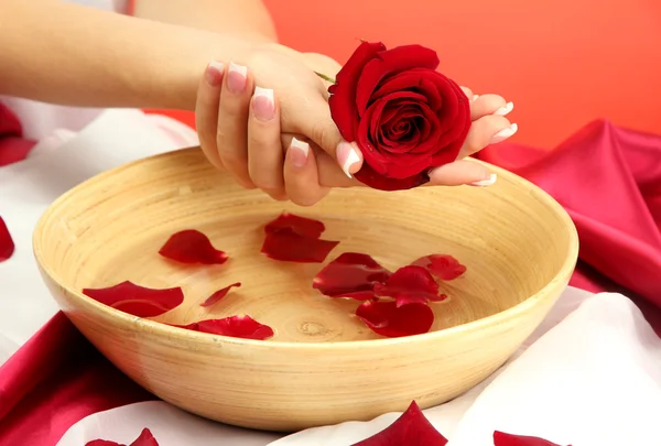 Woman hands with wooden bowl of water with petals, on red background Royalty Free Stock Photos