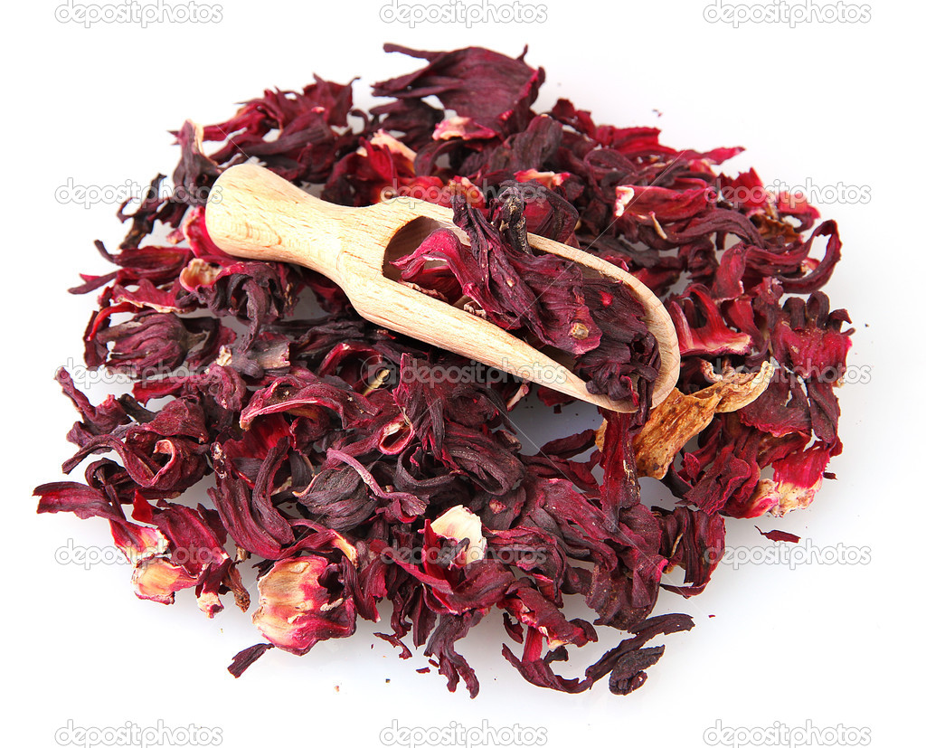 aromatic Hibiscus tea with wooden shovel, isolated on white