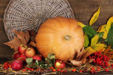 saman ahşap zemin üzerinde kabak ile mükemmel sonbahar natürmort