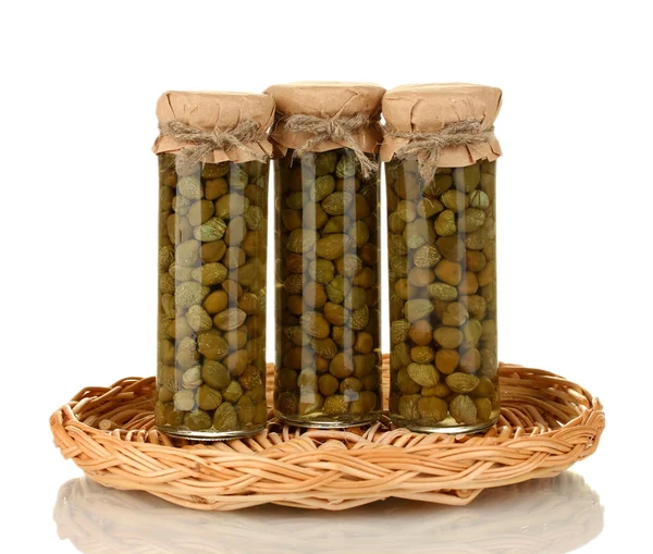 Glass jar with tinned capers isolated on white — Stock Photo, Image