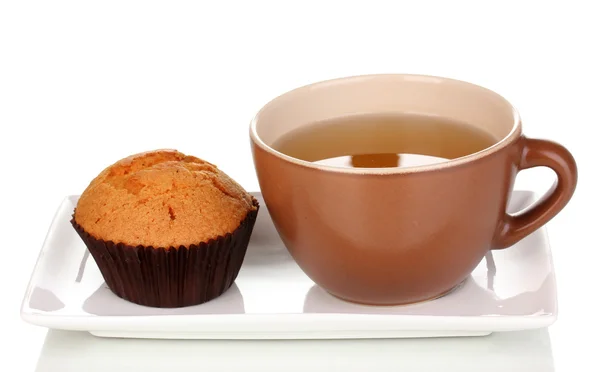 Fresh muffin with tea isolated on white — Stock Photo, Image