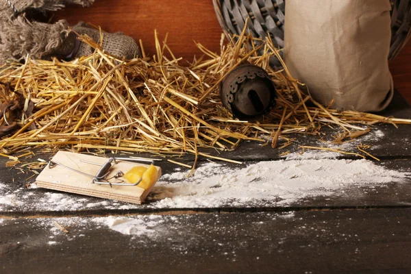 Egérfogó egy darab sajtot az istálló a fából készült háttér — Stock Fotó