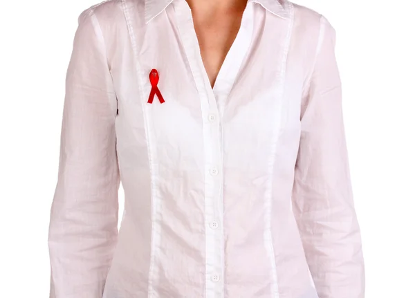 Woman with red ribbon on white shirt isolated on white — Stock Photo, Image