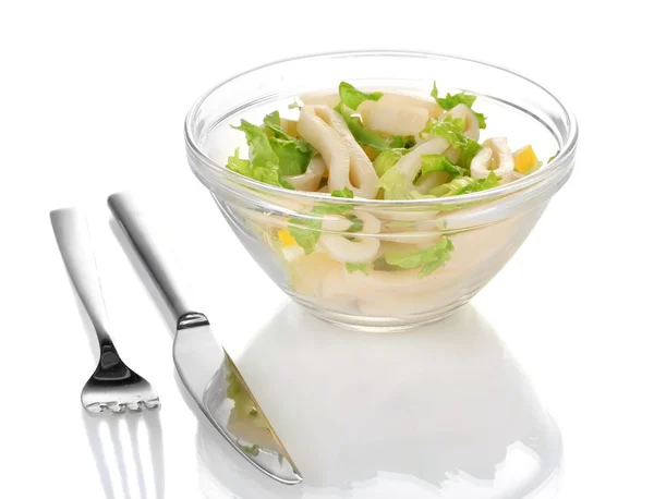 Salad of squid rings, lemon and lettuce in a glass bowl isolated on white — Stock Photo, Image