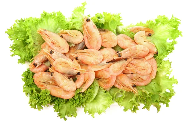 Boiled shrimps with lettuce leaves on plate, isolated on white — Stock Photo, Image