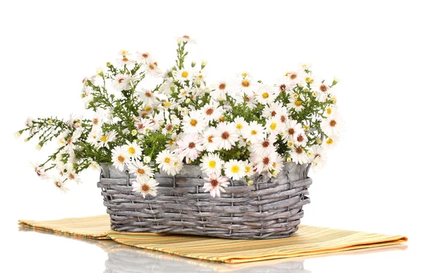 Mooi boeket van witte bloemen in mand geïsoleerd op wit — Stockfoto