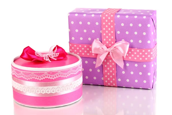 Colorful pink and purple gifts isolated on white — Stock Photo, Image