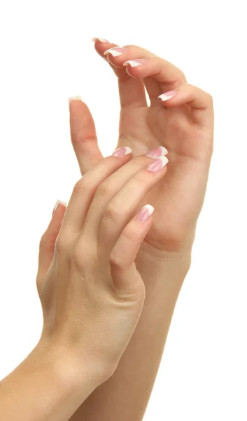 Beautiful woman hands with french manicure, isolated on white — Stock Photo, Image