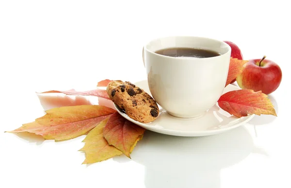 Beker van hete thee en herfst bladeren, geïsoleerd op wit — Stockfoto