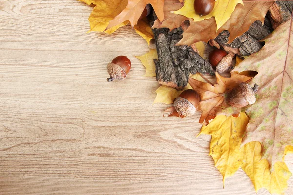 Hnědé žaludy na podzimní listí, na dřevěné pozadí — Stock fotografie