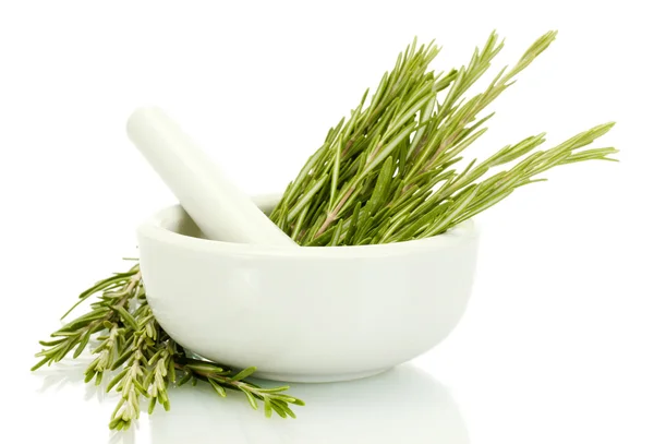 Mortar with fresh green rosemary isolated on white — Stock Photo, Image