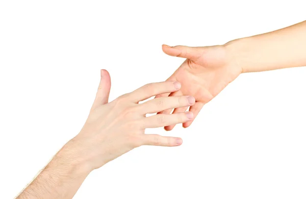 Mão das mulheres vai para a mão do homem no fundo branco — Fotografia de Stock
