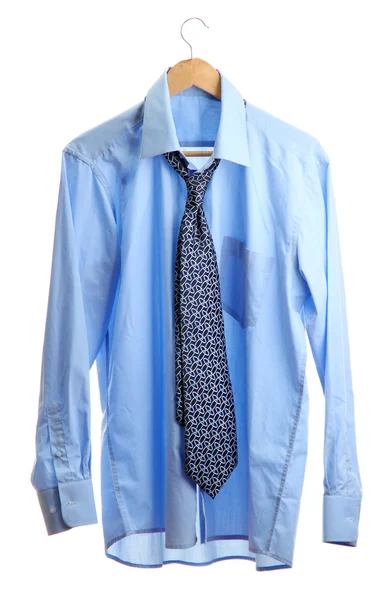 Blue shirt with tie on wooden hanger isolated on white — Stock Photo, Image