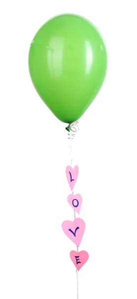Πράσινο ένα μπαλόνι κρατά λέξη αγάπη που απομονώνονται σε λευκό — Φωτογραφία Αρχείου