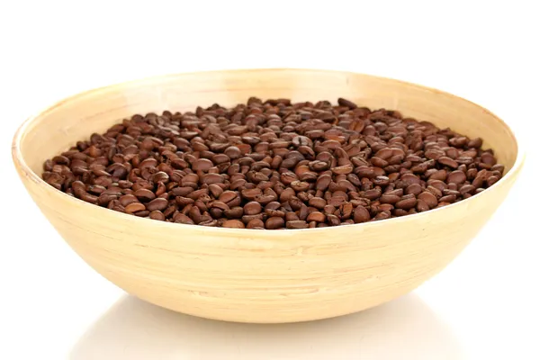Coffee beans in bamboo bowl isolated on white — Stock Photo, Image