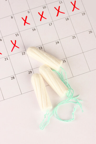 menstruation calendar with cotton tampons, close-up